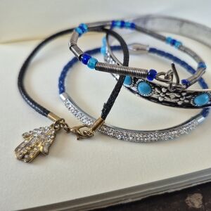 Blue and Silver Bracelet Set with Hamsa Charm